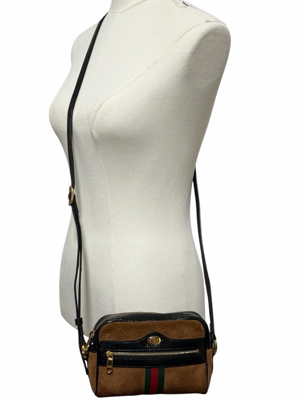 Gucci Ophidia Sherry Crossbody Bag – Brown Suede & Patent Leather w/ Web Stripe - Picture 2 of 12